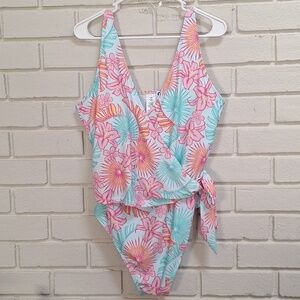 Floral Wrap One-Piece Swimsuit in Pink, Aqua & Coral. Size XXL NWT